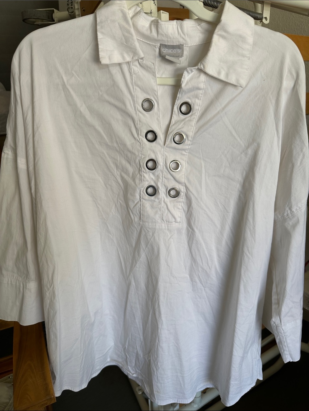 Chico's White Popover Top with Silver Grommets